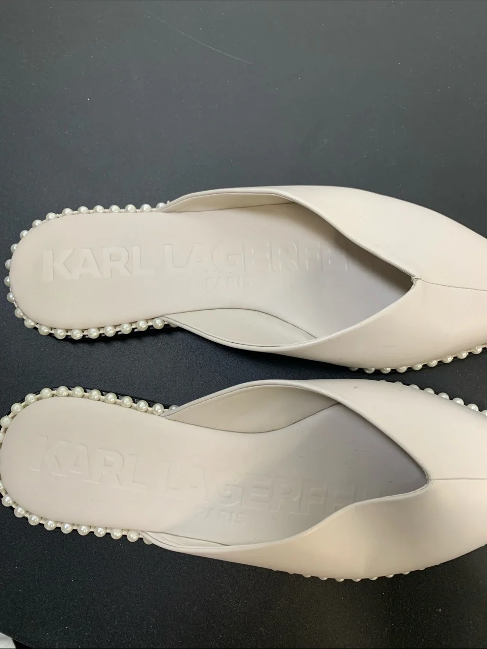 Karl Lagerfeld Pearl-Trim Pointed Slide Mules in Cream